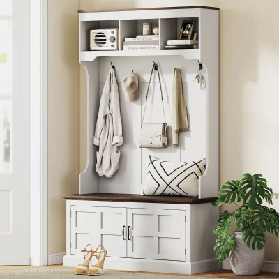 HOMCOM Perchero Zapatero con Banco Zapatero Ganchos Estantes y Compartimentos para Entrada Pasillo Salón 105x40x180 cm Blanco