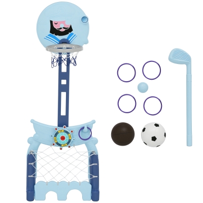 HOMCOM Canasta de Baloncesto con Soporte 4 en 1 Juego de Golf Balón de Fútbol con Altura Ajustable Centro de Actividades para Niños de +3 Años 58x56x154 cm Azul
