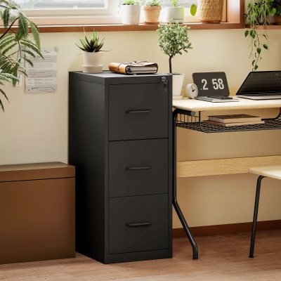 HOMCOM Classeur 3 Tiroirs Acier Noir 36.5x46.2x99 cm