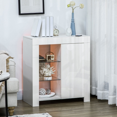 HOMCOM Meuble Salon Blanc LED Bleu 3 Étagères et Armoire 75x35x82cm