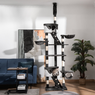 PawHut Arbre à Chat Réglable 240-260cm avec Hamacs Gris/Blanc