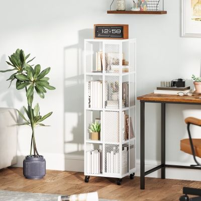HOMCOM Bibliothèque Moderne 4 Étagères Métal avec Roulettes Blanc