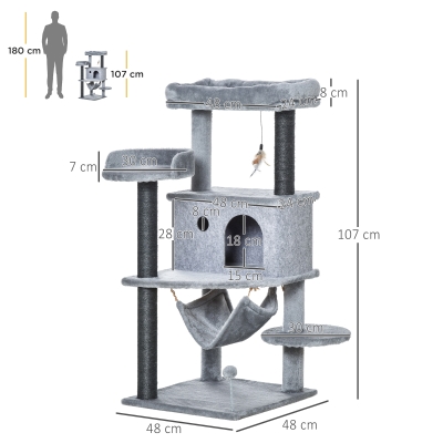 PawHut Arbre à gratter pour chats 48x48x107 cm Tour pour chats avec Caverne en Feutre Démontable Hamac Lits Plateformes Gris
