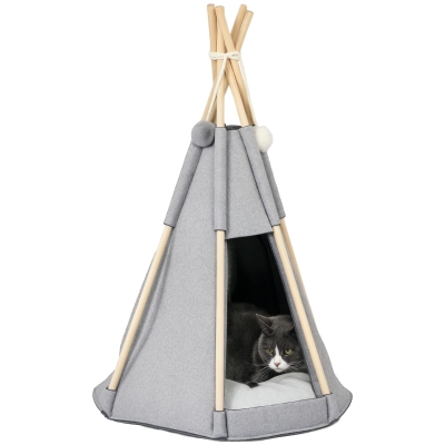 PawHut Tipi Animaux Bois Feutrine Gris 2 Pompons