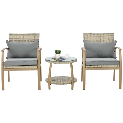 Outsunny Salon Jardin Rotin 2 Fauteuils Coussins Table Verre Marron