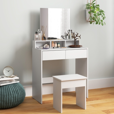 HOMCOM Table Maquillage Bois Blanc avec Miroir, Tabouret, 2 Tiroirs