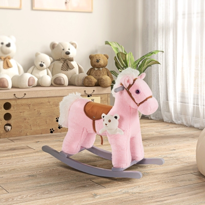 HOMCOM Cheval à Bascule Bois Peluche avec Sons 65x26x55cm Rose