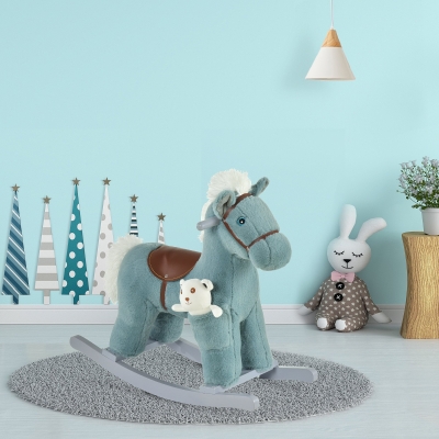 HOMCOM Cheval à Bascule Bois et Peluche avec Sons Bleu 65cm