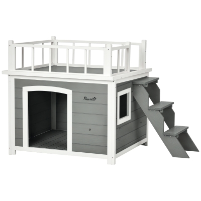 PawHut Hundehütte, Dachterrasse, Treppe, Fenster, Bodenabstand, Naturholz, hellgrau, 121 x 77 x 78cm