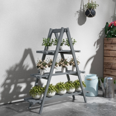 Outsunny Porte-Plantes 3 Niveaux Bois de Sapin Gris