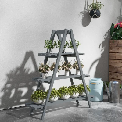 Outsunny Porte-Plantes 3 Niveaux Bois de Sapin Gris