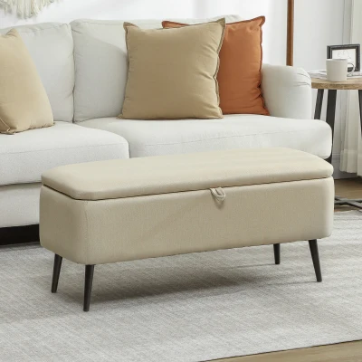 HOMCOM Banco de Armazenamento Estofado em Linho com Tampa Abatível e Pés de Aço Carga Máxima 150kg 101x38,5x44,5 cm Bege