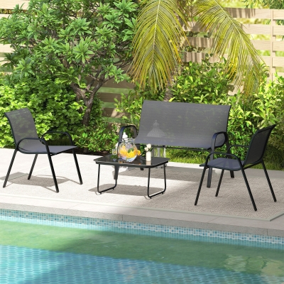 Outsunny Ensemble Jardin Noir Canapé 2 Places, Fauteuils, Table Verre