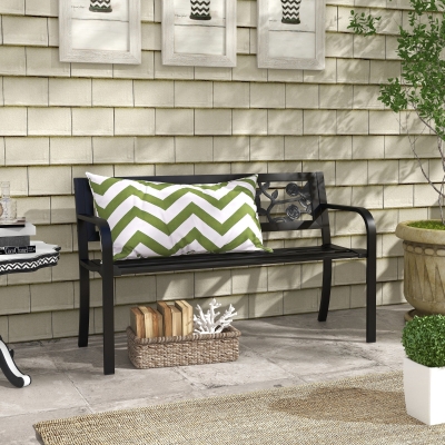 Outsunny Banc Jardin 2 Places Acier Noir avec Dossier Décoré