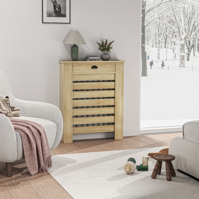 HOMCOM Heizkörperverkleidung Heizkörperabdeckung horizontal Lamellen mit 2 Schubladen aus Holz 78B x 19T x 95,5H cm Eiche
