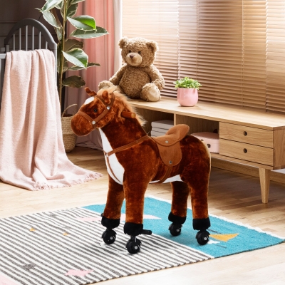 HOMCOM Cheval à Bascule Enfant 3+ Ans avec Roues et Sons, Marron