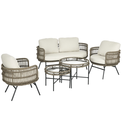 Outsunny Gartenmöbel-Set für 4 Personen aus PE-Rattan, 2 Sessel, 1 Sofa, 2 Beistelltisch, Boho-Stil, Braun+Grau