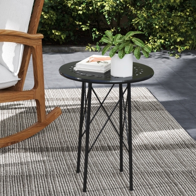 Outsunny Table Jardin Ø40x50cm Métal Noir Décor Floral