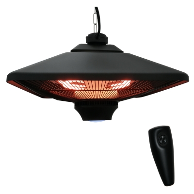 Outsunny Calefactor Exterior 1000/2000W Estufa Colgante de Techo Infrarrojos Halógeno con Control Remoto y Luz LED 43x43x25 cm Negro