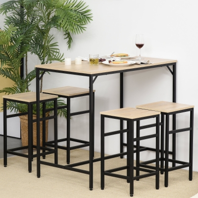 HOMCOM Ensemble Table Haute 4 Tabourets Métal Bois Chêne Clair