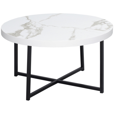 HOMCOM Mesa de Centro Mesa de Salón Redonda con Encimera Símil Mármol y Marco de Metal Estilo Moderno 80x80x45 cm Blanco