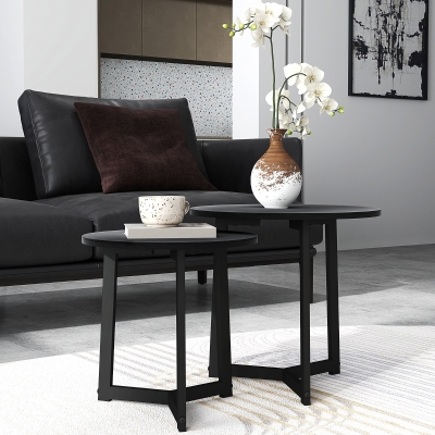 HOMCOM Lot 2 Tables Basses Rondes Empilables Métal MDF Noir