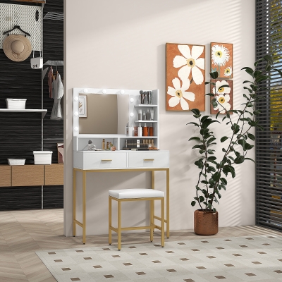 HOMCOM Coiffeuse Blanche avec Miroir, Tabouret, 2 Tiroirs, 5 Étagères