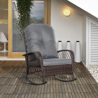 Outsunny Rocking-Chair Rotin PE Acier Marron et Gris