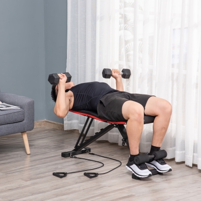 HOMCOM Banc de Musculation pour Abdominaux et Poids, Inclinaison Réglable et Élastiques, 130x48x48-109cm, Noir