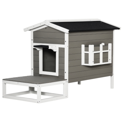 PawHut Katzenhaus aus Holz Winterfest wasserdicht Katzenhütte mit Asphaltdach Terrasse Katzenhöhle Katzenkiste Outdoor Schutzhütte für Draußen Garten Balkon 115 x 66,5 x 74,7 cm Grau+Weiß
