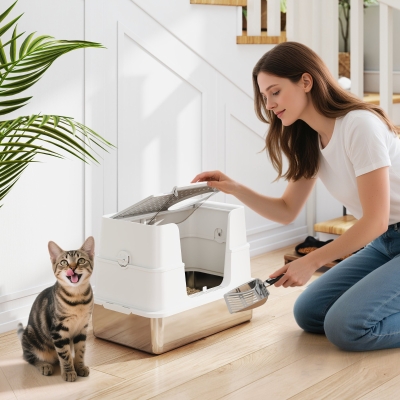 PawHut Litière Chat Acier Inox XL Couvercle Relevable Gris