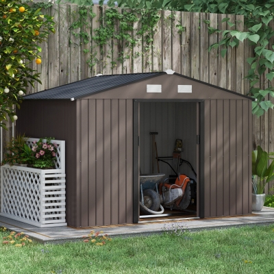 Outsunny Abrigo de Jardim 277x195x192 cm  Metálico para Armazenamento de Ferramentas com Base de Reforço Incluída Madeira