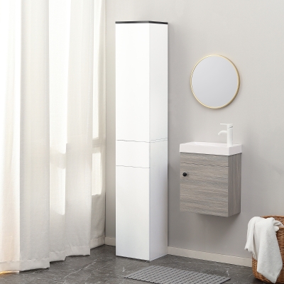 Kleankin Meuble de Salle de Bains avec Étagère Réglable, 2 Armoires Fermées et Un Tiroir en Bois, 30x28x180 cm, Blanc