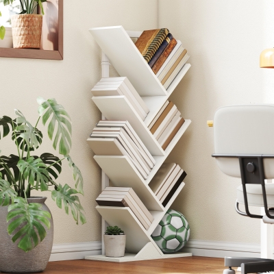 HOMCOM Estante em Forma de Árvore de 7 Níveis Estante de Livros com 7 Prateleiras e Estrutura de Aço  50x24x109 cm Branco