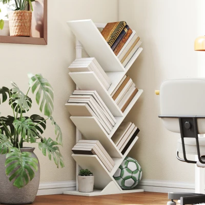 HOMCOM Estante em Forma de Árvore de 7 Níveis Estante de Livros com 7 Prateleiras e Estrutura de Aço  50x24x109 cm Branco
