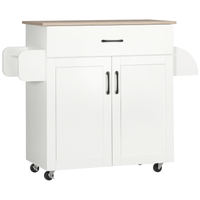 HOMCOM Carro de Cocina con 1 Cajón 2 Puertas Barra de Colgar y Especiero Carrito Auxiliar con Ruedas 105x36x85 cm Blanco