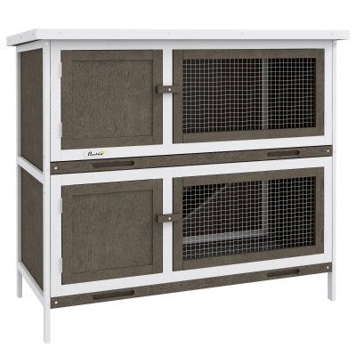 PawHut Conejera de Madera Jaula para Conejos de 2 Pisos 97x44x91 cm Techo Asfáltico Puertas Bandejas Extraíbles Marrón