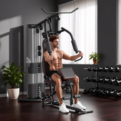 HOMCOM Máquina de Musculación con Pesas Ajustables de 45 kg Prensa de Pecho y Piernas Polea 170x104x205 cm Negro