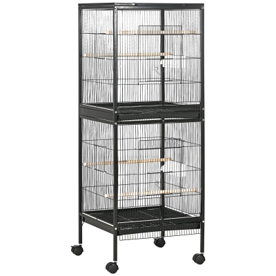 PawHut Gaiola para Pássaros com Rodas de 2 Níveis com Bandejas Removíveis Portas Comedouros Poleiros 51,5x50x140 cm Preto