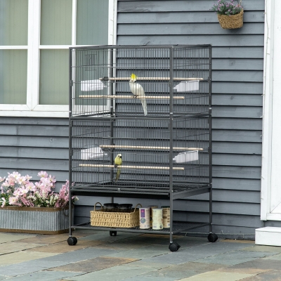 PawHut Cage Oiseaux Bois avec Roues et Perchoir 78x52x132cm