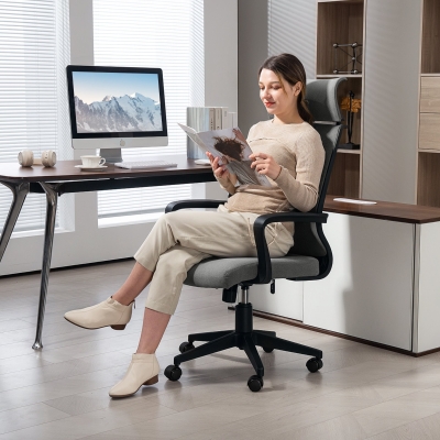 HOMCOM Chaise Bureau Réglable Laine Gris avec Accoudoirs