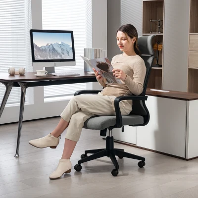 HOMCOM Chaise Bureau Réglable Laine Gris avec Accoudoirs