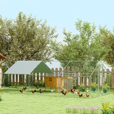 PawHut Poulailler, Enclos pour Poules, avec Couverture UV, Grillage en Acier, Distributeur d'Aliments, pour 18-24 Poules