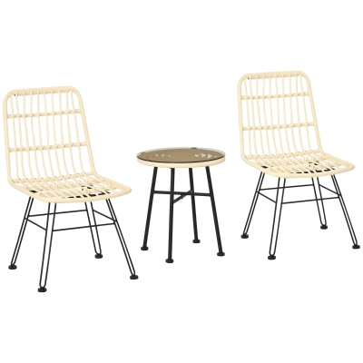 Outsunny Ensemble bistro de jardin 3 pièces 2 chaises + table basse ronde verre trempé 2 coussins zippés déhoussables polyester résine tressée PE métal galvanisé Ø 45 x 50 cm crème
