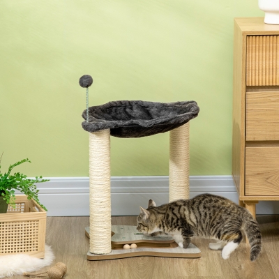 PawHut Griffoir Chat Bois Gris avec Hamac et Poteaux Sisal