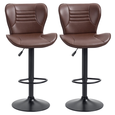 HOMCOM Juego de 2 Taburetes de Bar Tapizado en Cuero Sintético Taburetes Altos de Comedor Regulable en Altura Giratorio con Respaldo y Reposapiés 46,5x54x88-108 cm Marrón