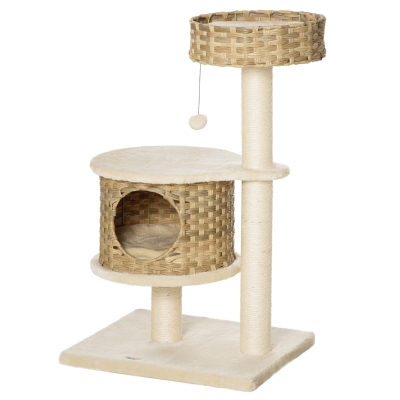 PawHut Arbre à Chat Rotin 95cm 3 Étages avec Cabane et Sisal
