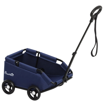 PawHut Carrinho para Cães Dobrável Carrinho para Cães Miniatura com Barra de Empurre Ajustável Desenho Aberto 53x45x28 cm Azul Escuro