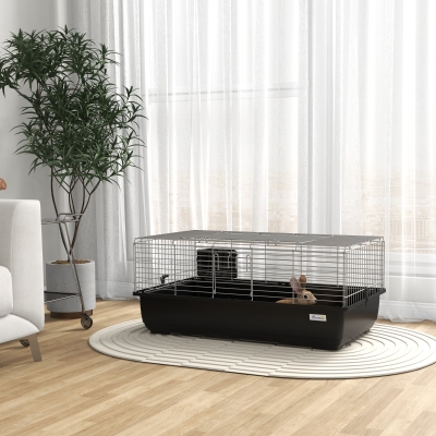 PawHut Cage Lapin Métal Plastique 100x55x41cm Noir Argent