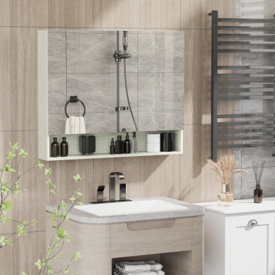 Kleankin Armoire à Miroir Blanc Bois Verre 90x15x75cm Salle de Bain